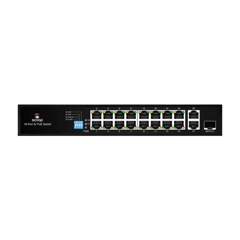 Scoop 16 Port Fast Ethernet AI PoE 150W 2 Gigabit 1SFP Switch